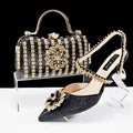 Women's high heel shoe and clutch bag set with decorative floral ankle chain in multiple colour options
