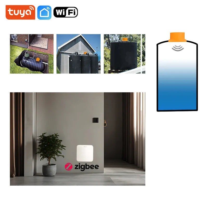 Wireless fluid level monitor sensor unit for remote water and oil tank measurement via mobile app.