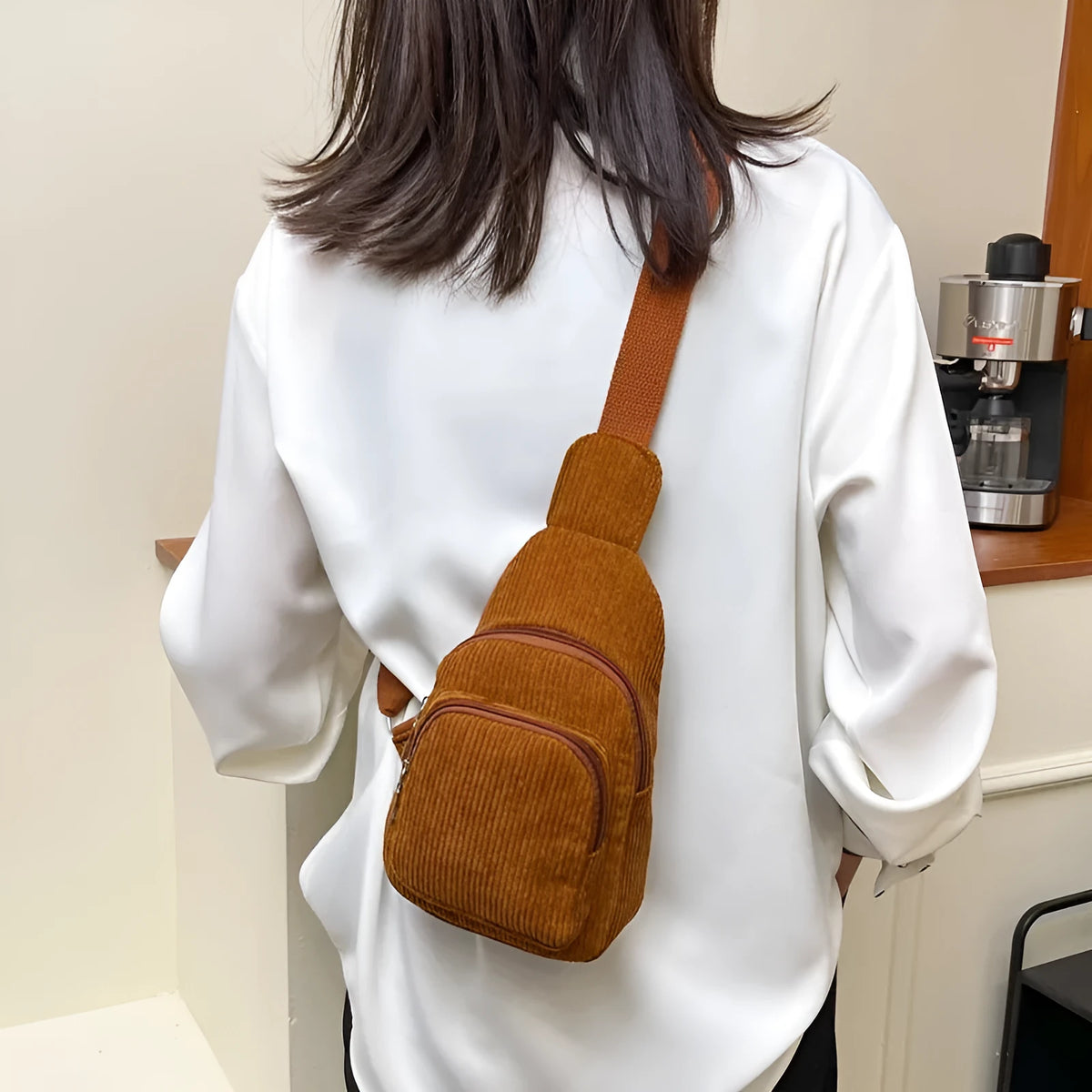 Flannel cross-body shoulder chest bag in green, brown, black or beige with phone pocket and three-dimensional outer pocket.
