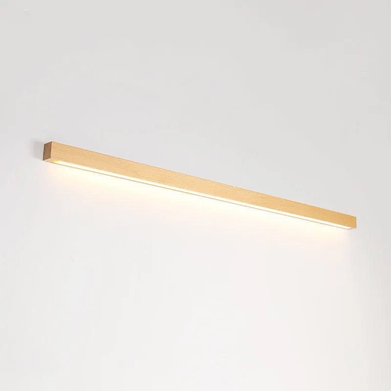 Walnut-coloured long wooden log strip wall lamp with LED lighting in a minimalist design.