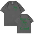 Loose fit linen cartoon T-shirt featuring a Rise and Grind Green Coffee Fun Expression Bag design.