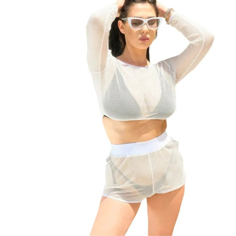 White transparent women's swimsuit with matching skirt for beach wear