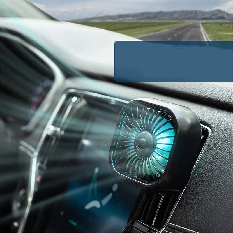 Small black USB car fan with three speed buttons on compact dashboard mount