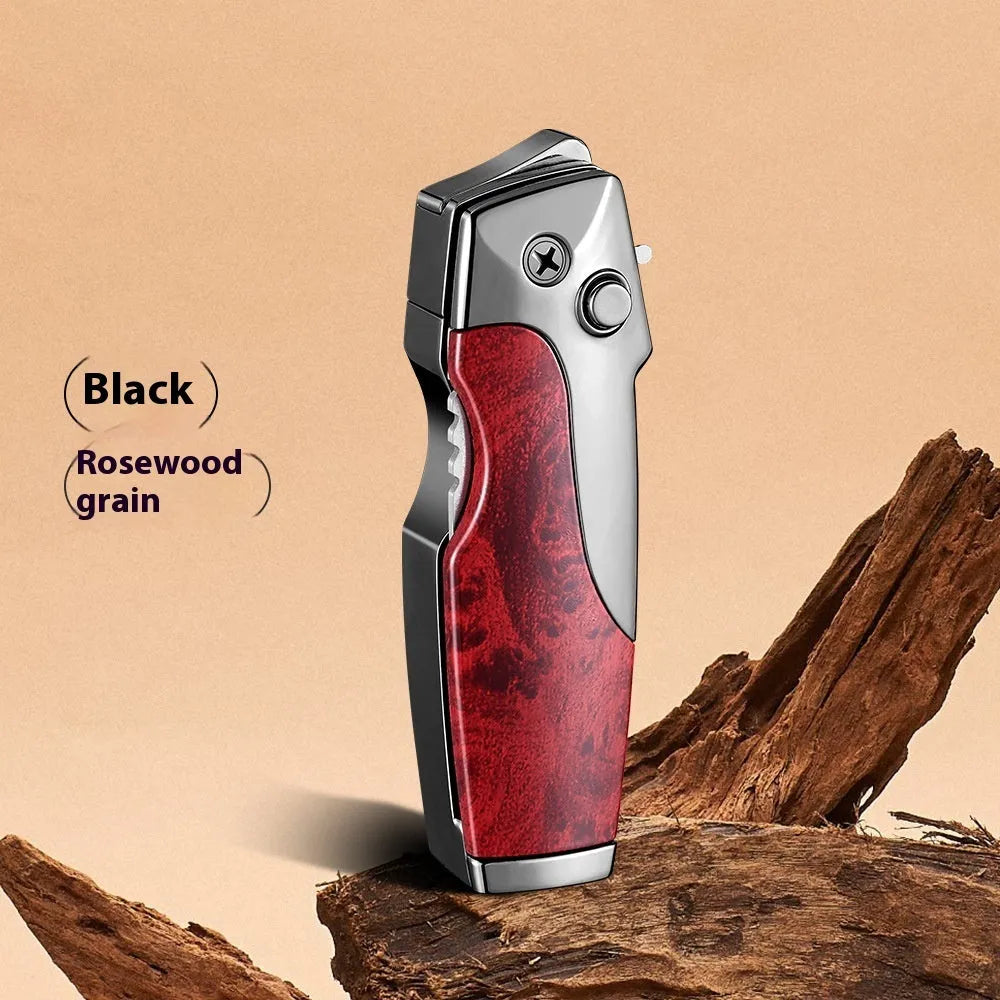 Metal folding lighter with integrated knife blade showing wood grain finish and one-click unfolding mechanism