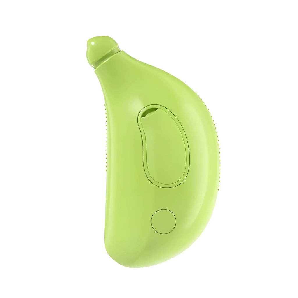 Green rechargeable cat steam brush with silicone teeth showing three grooming functions
