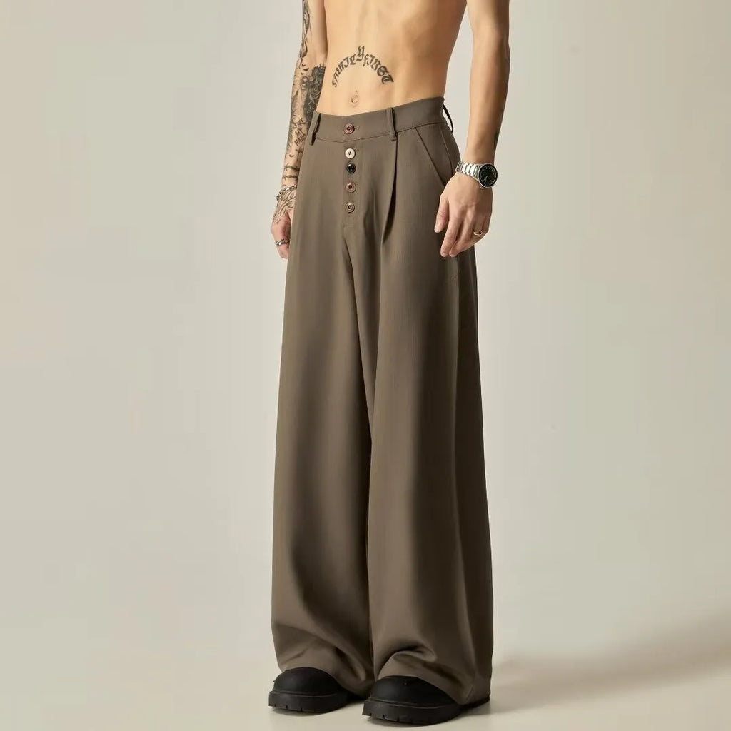 Men's black vertical tube wide-leg casual trousers showing straight-leg silhouette and mid waist design