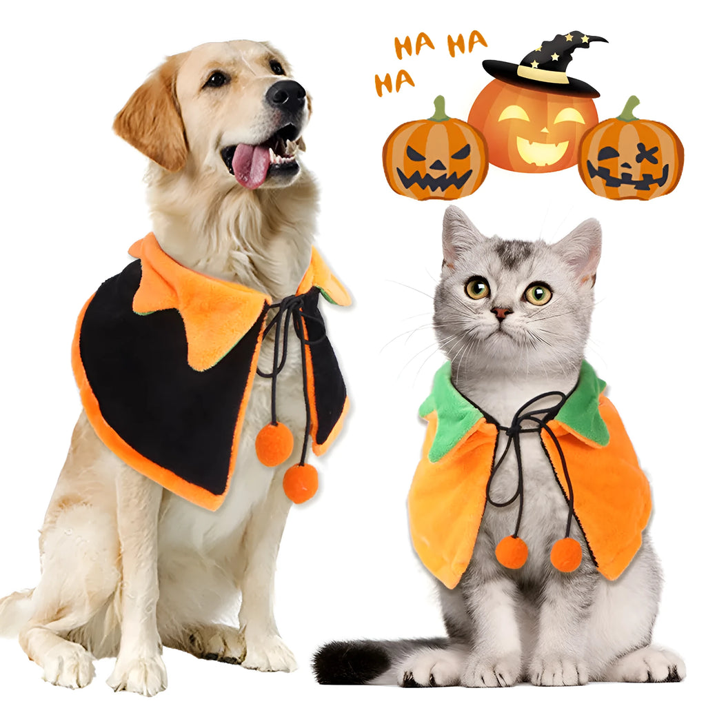 Plush Halloween pumpkin cloak for dogs or cats with optional hat in sizes S, M, L