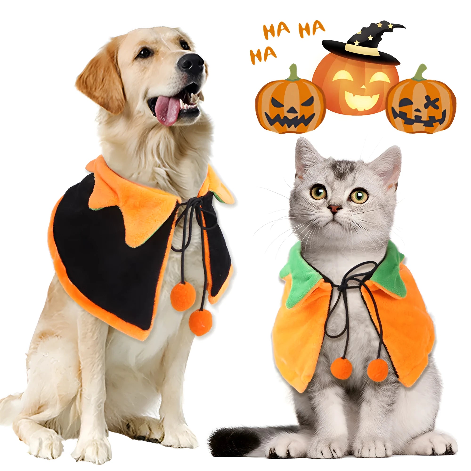 Plush Halloween pumpkin cloak for dogs or cats with optional hat in sizes S, M, L