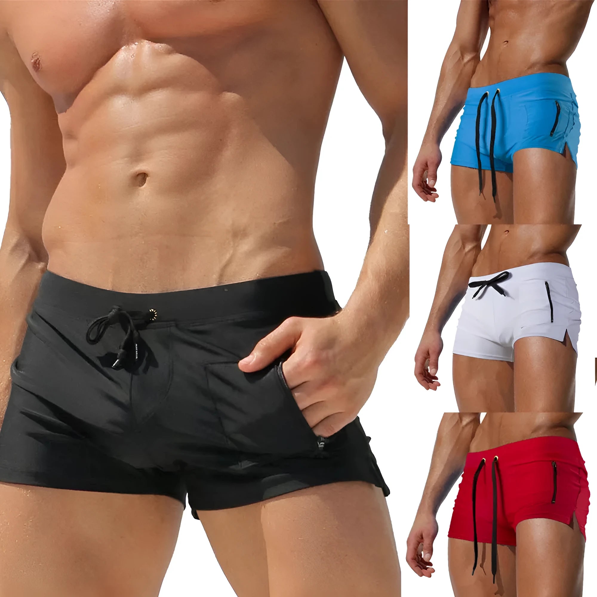 Men's black polyester high waist swimming trunks with lace-up front closure.