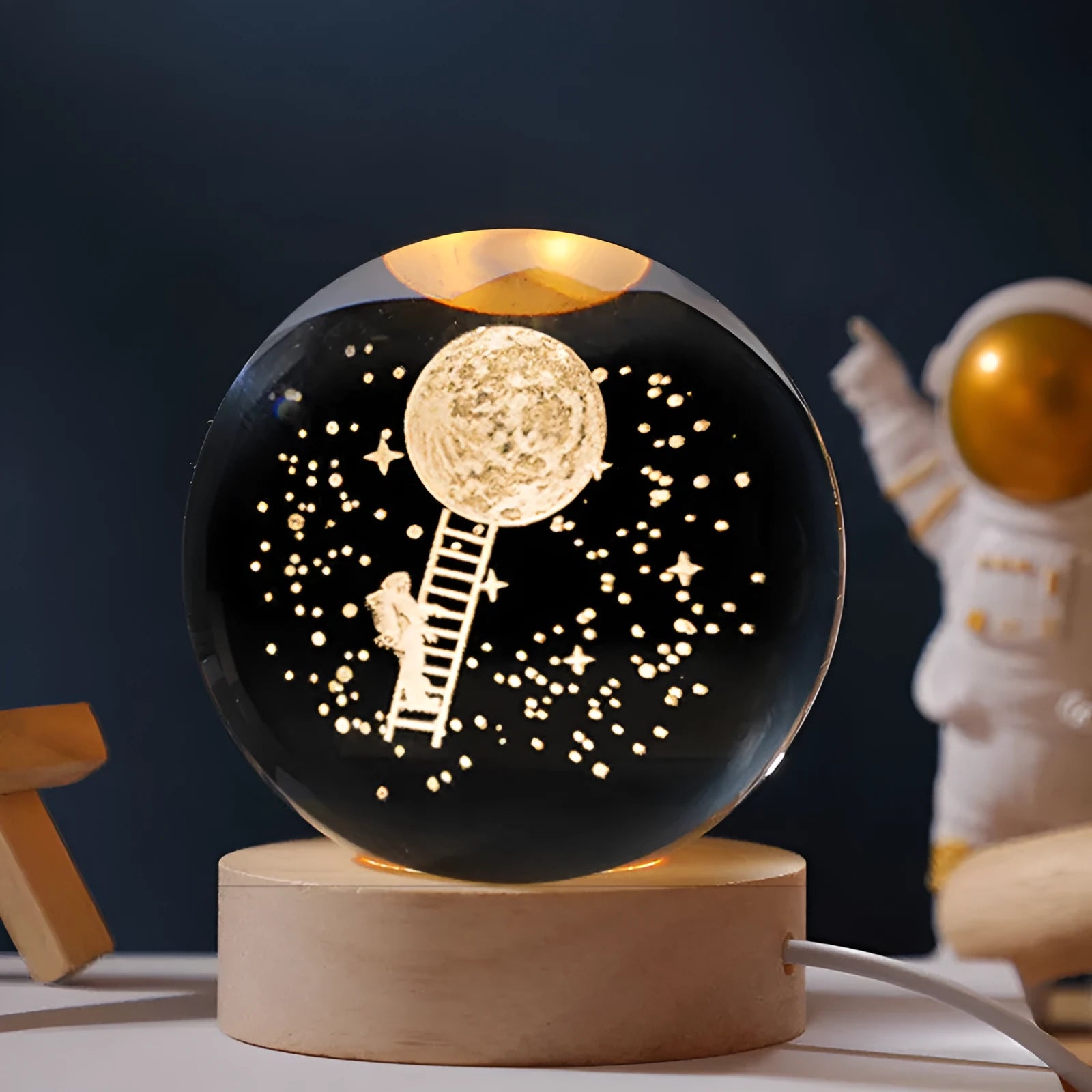 Starry sky luminous crystal ball night light on wooden base, USB-powered desktop decoration