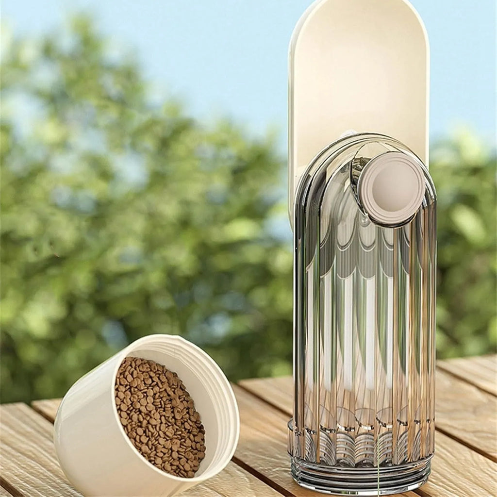 Beige or green foldable dog water bottle and food dispenser for outdoor walking and hiking