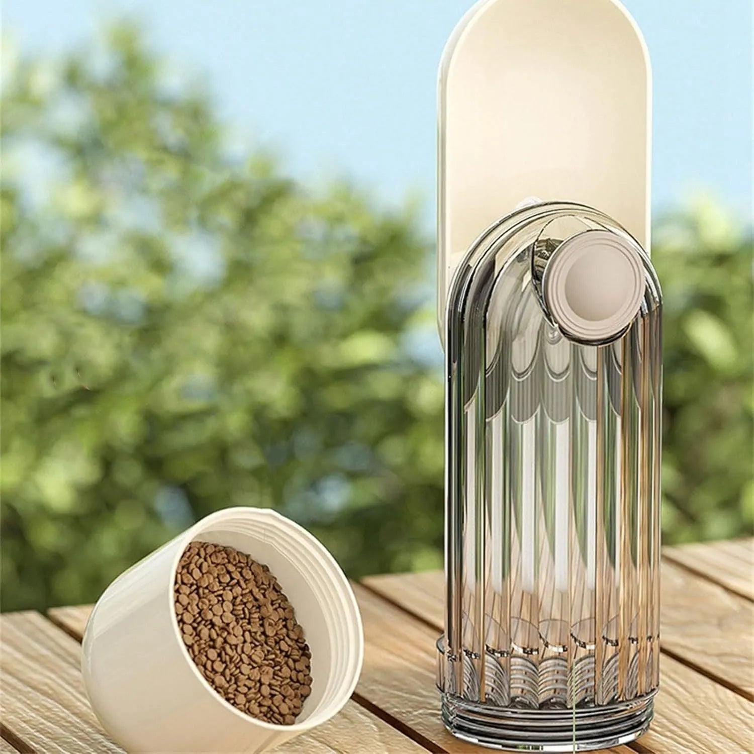 Beige or green foldable dog water bottle and food dispenser for outdoor walking and hiking