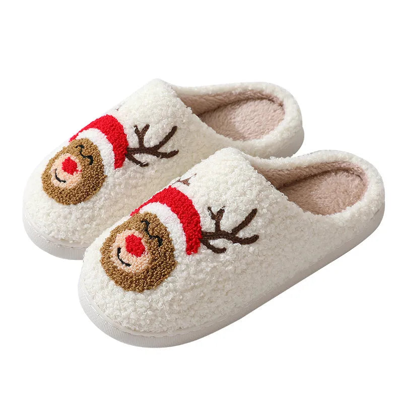 Christmas home slippers with cartoon Santa Claus design, suede upper, and furry lining