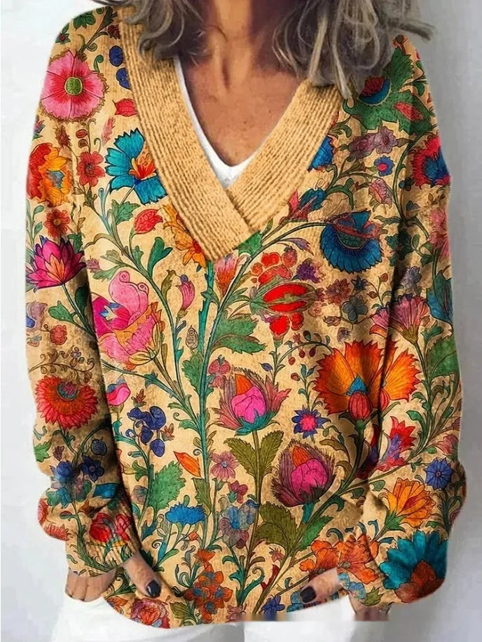 Women's V-neck long sleeve sweatshirt with a detailed 3D floral pattern print in an art retro style.