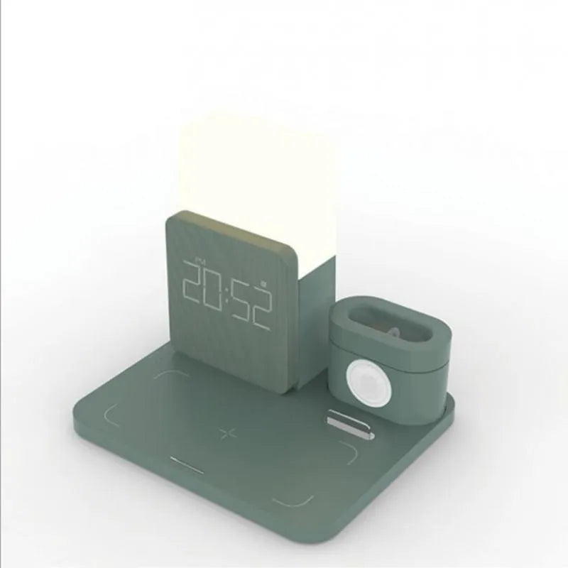Dark green 3-in-1 wireless charging stand holding a mobile phone and a smartwatch on its integrated mounts.