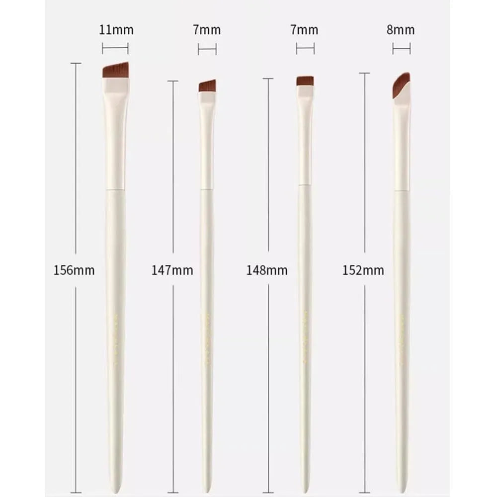 Four angled eyeliner and brow makeup brushes with ultra-thin tips in a leather case.