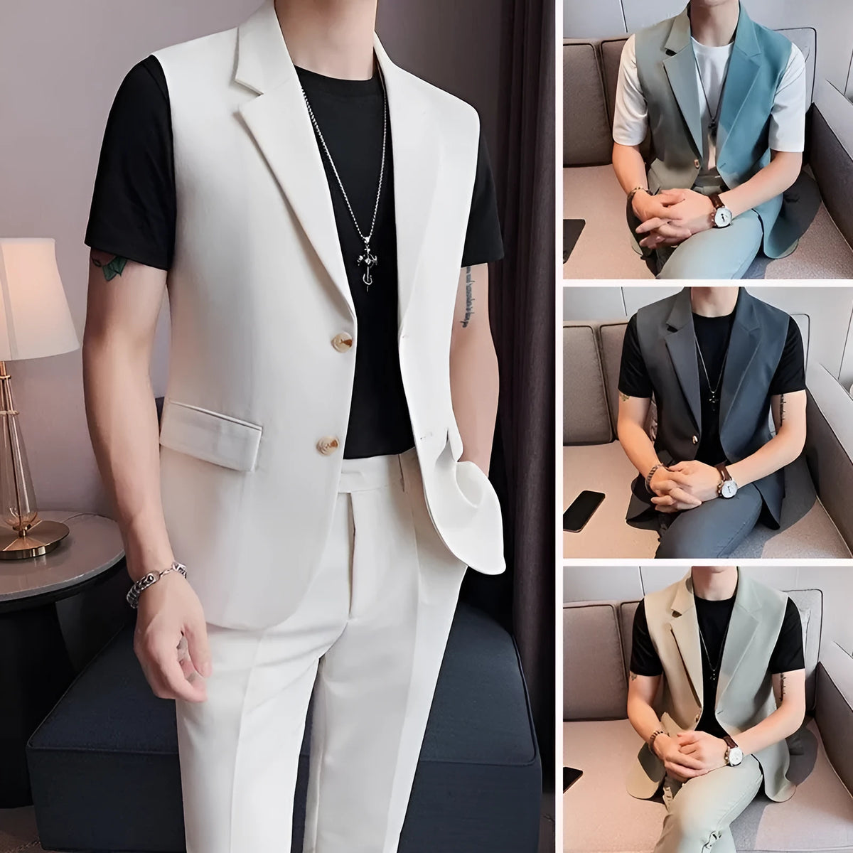 High Sense men's slim fit vest in black, white, and blue with polyester lining