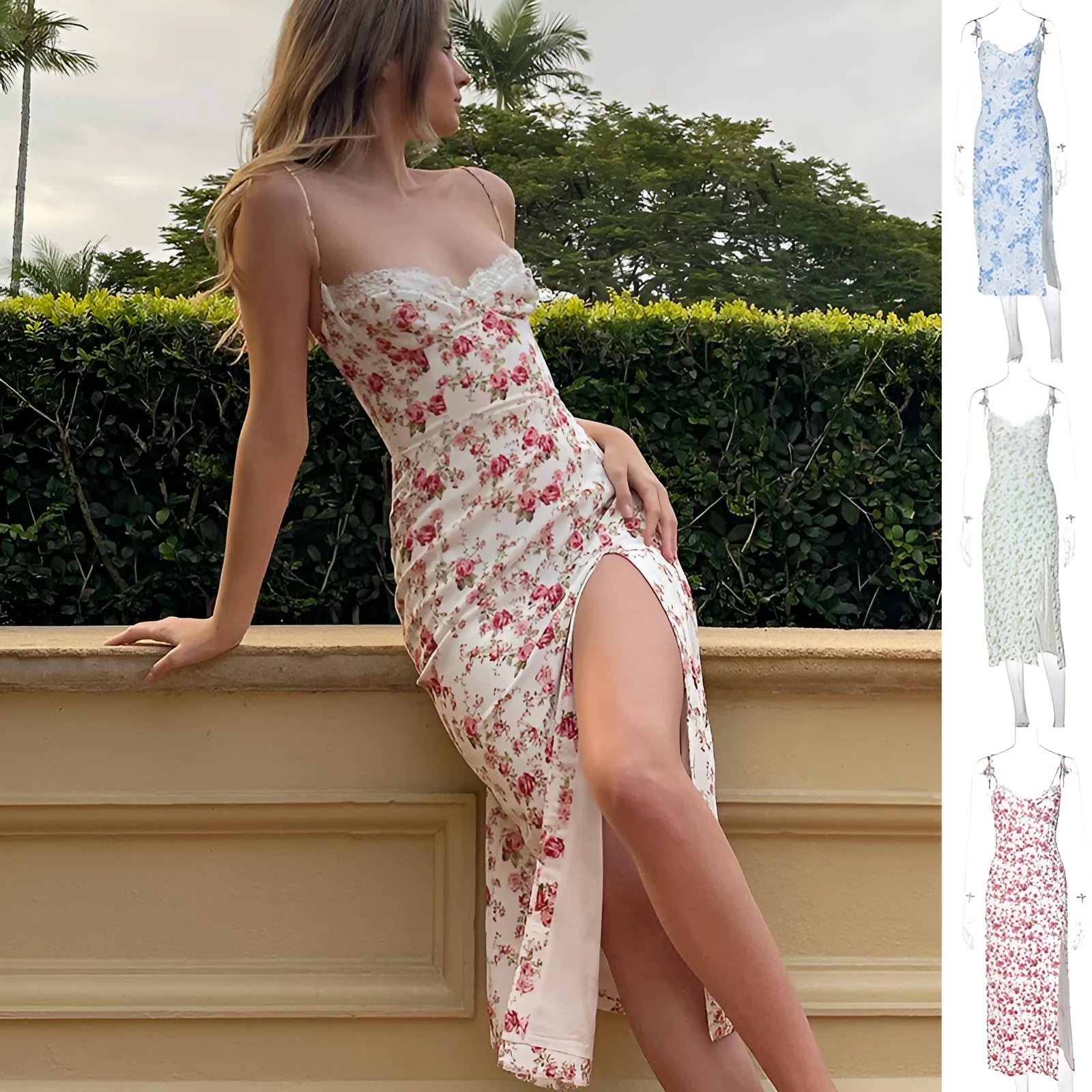 Women's blue lace print long dress with suspender straps and a side slit.