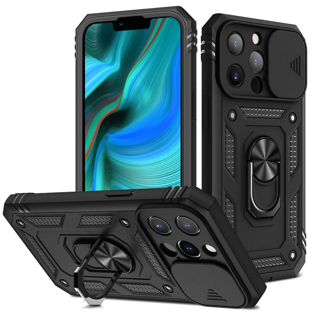Magnetic mobile phone case with extended sliding bracket in a two-tone colour for Apple iPhone