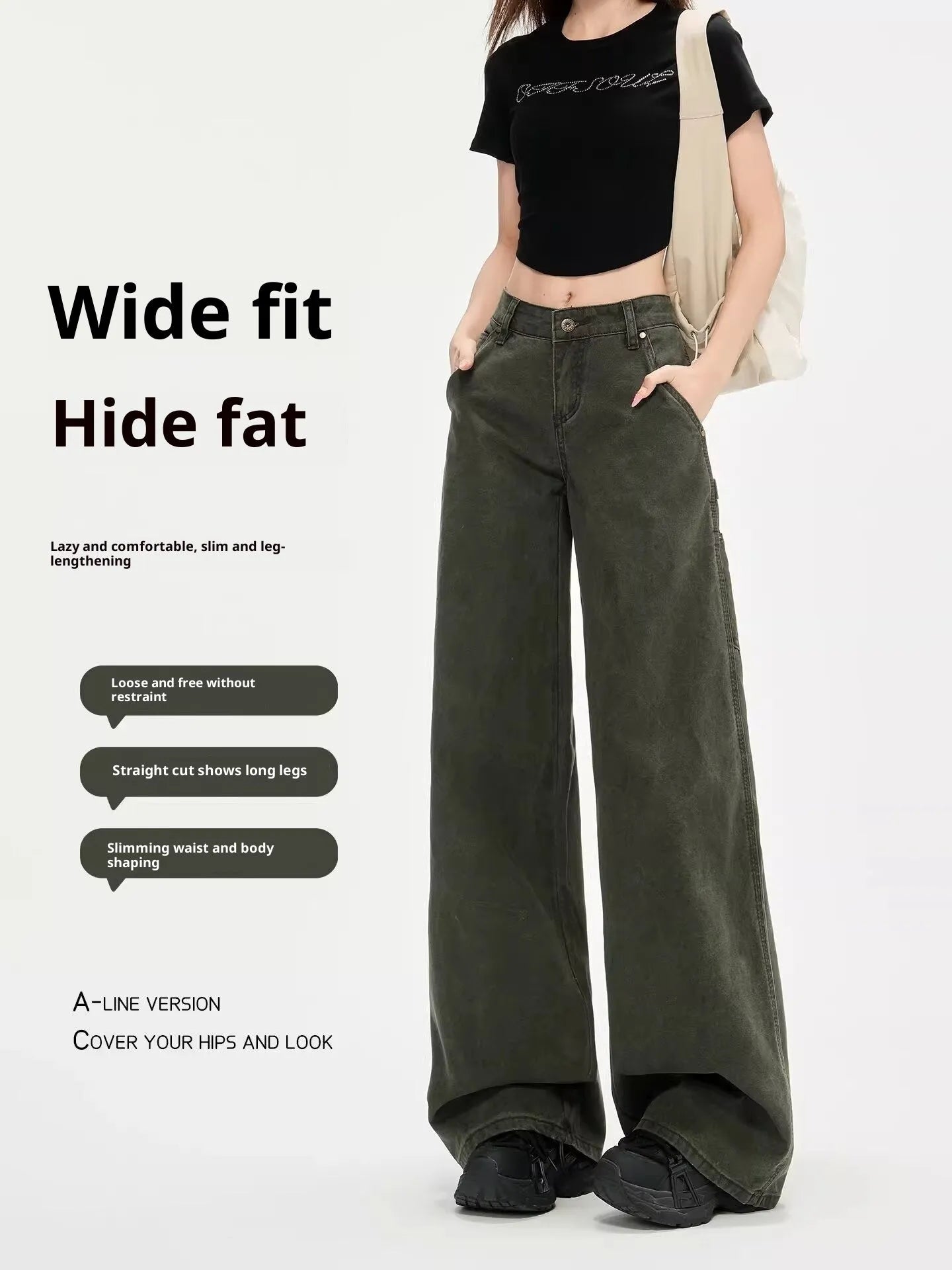 Women's Army Green denim flared overalls with loose straight-leg and ultra-low-rise waist