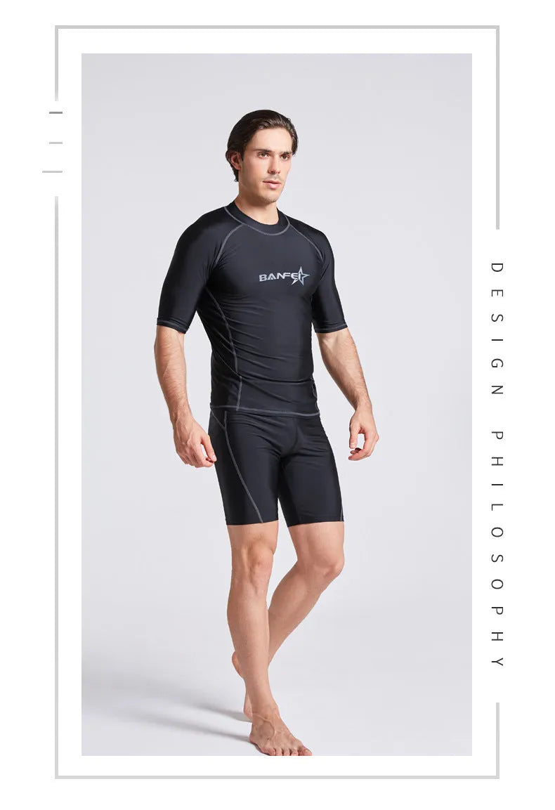 Men's half-sleeve nylon swimsuit set in blue for snorkelling and surfing with matching top and pants