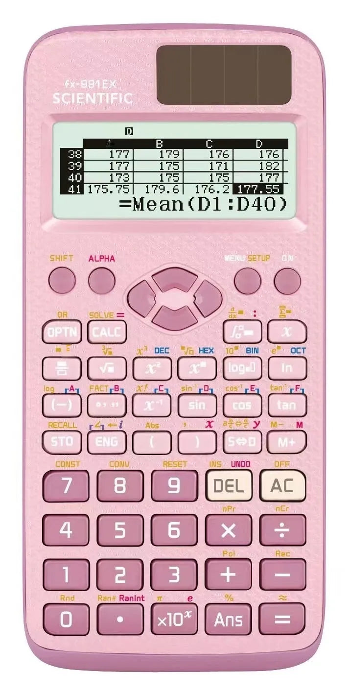 991EX scientific calculator with solar panel and ABS casing in black blue or pink
