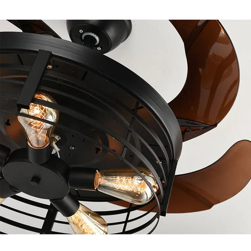 Industrial retro ceiling fan lamp with acrylic blades and integrated light fixture