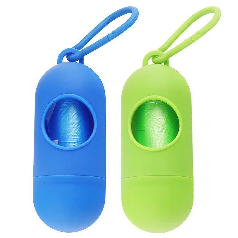 Compact dog poop bag holder with metal hook and adjustable Velcro strap
