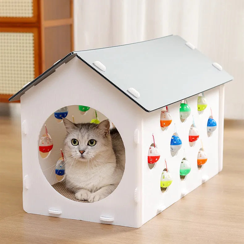 Integrated cat scratch board with attached tunnel containing bell ball and combined pet bed area