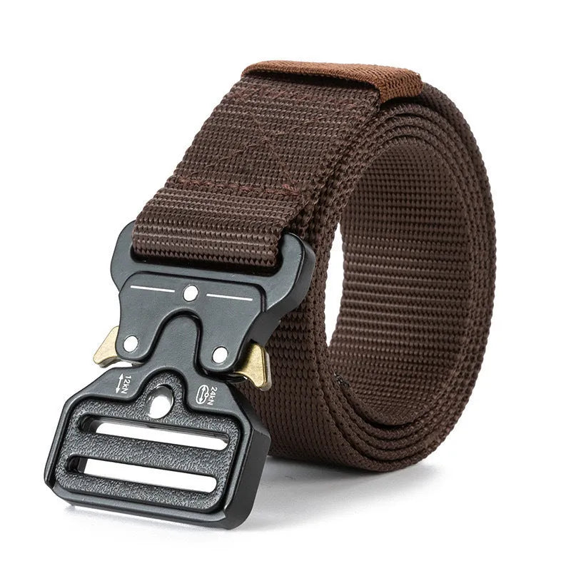 Men's thick canvas tactical belt with alloy release buckle shown in khaki colour