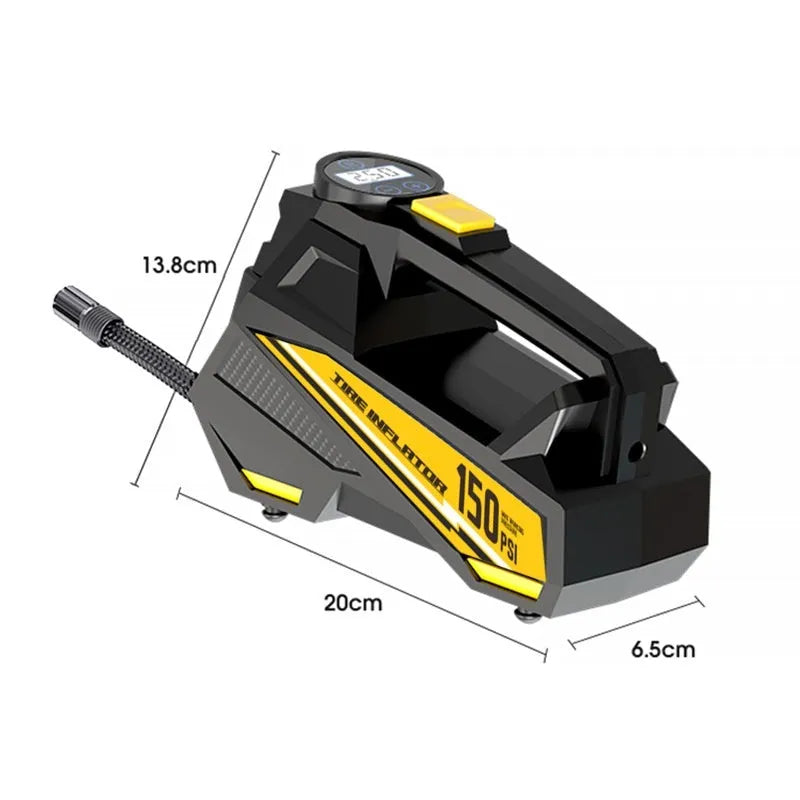 Black portable car tyre inflator with digital display and 12V power cable