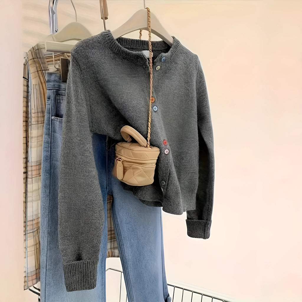 Women's dark grey polyester cardigan with button front and long sleeves