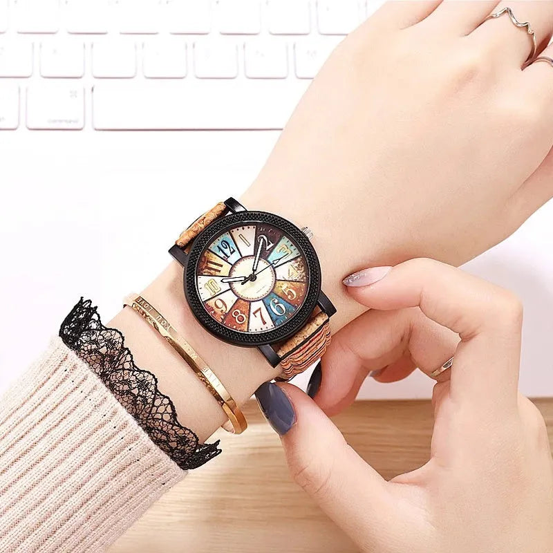 Women's vintage leather strap watch with 37mm round dial and tempered glass