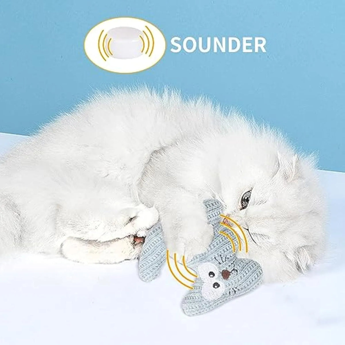 Cyan catnip plush rope toy with bell for cats on wooden floor