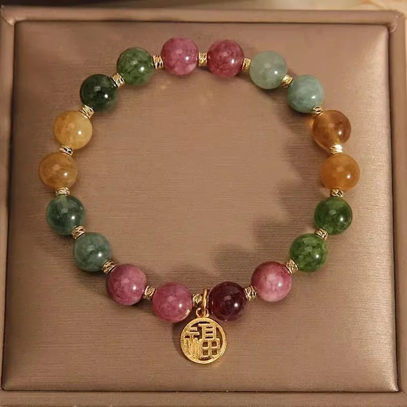 Natural colour tourmaline flower bracelet with electroplating treatment and geometric casual style