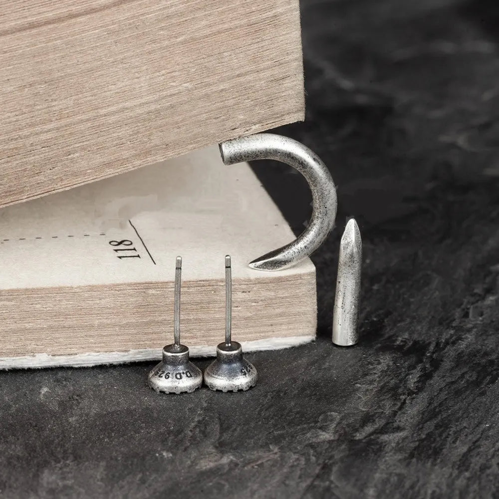 S925 sterling silver nail stud earrings punk retro design straight and curved nail options