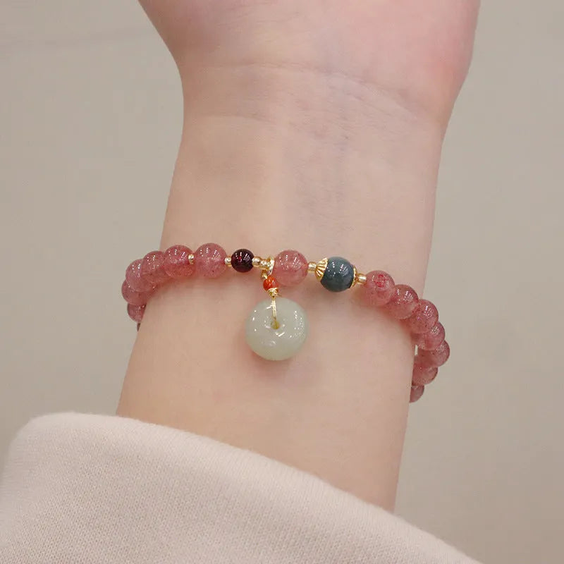 Pink strawberry quartz purse bracelet with geometric stones and safety buckle clasp