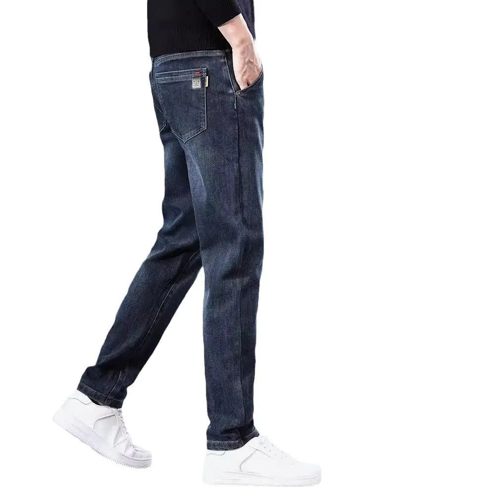 Blue grey slim straight casual trousers with micro-elastic polyester fabric and mid-waist design