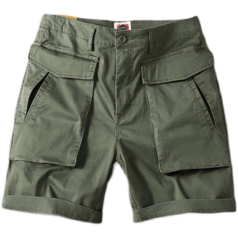 Men's straight-leg cargo shorts in khaki colour with multiple pockets.