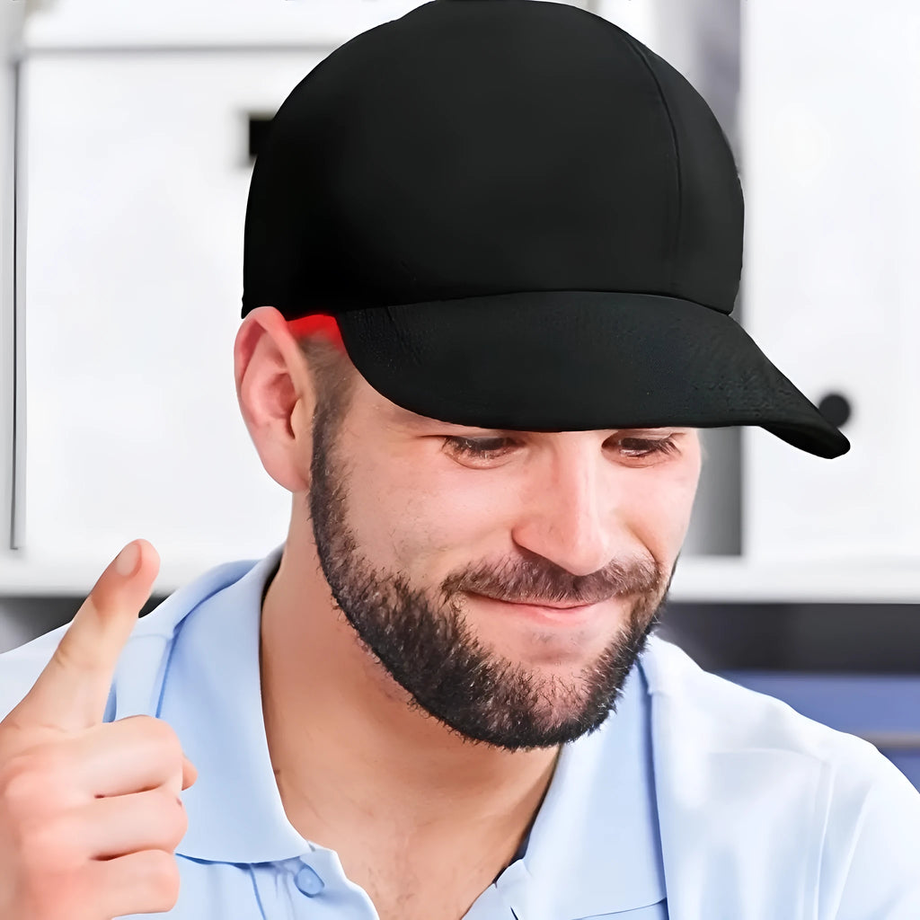 Black infrared peaked cap with 180 LED lights for hair growth red light therapy