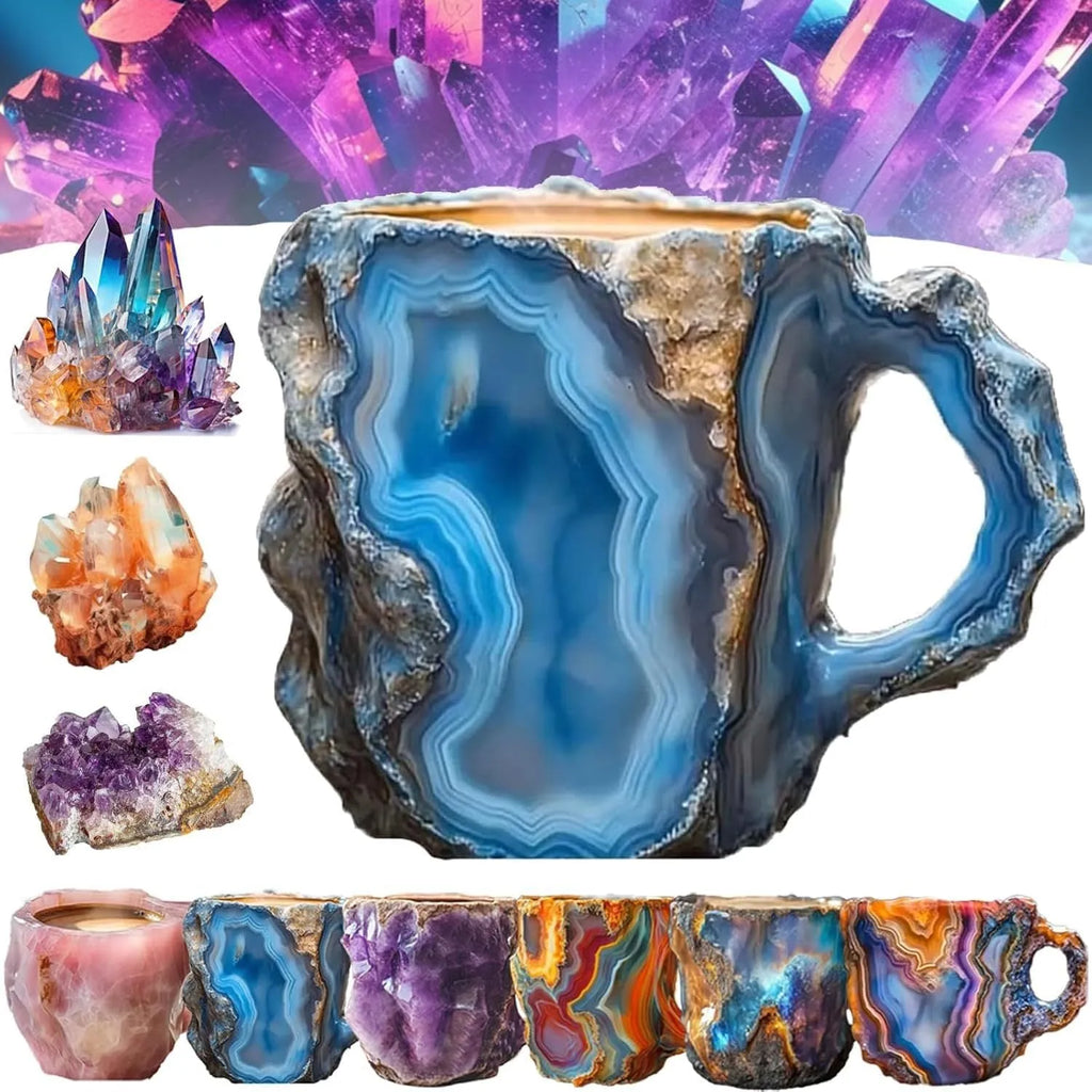 Clear resin mineral crystal coffee mug with handle in a blue colour, showing 400ml capacity.