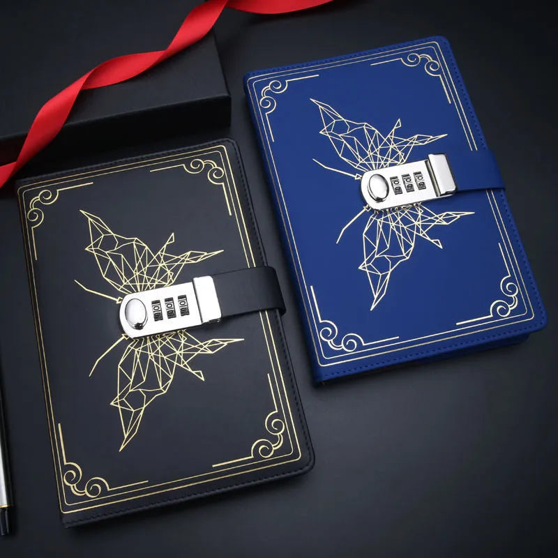 PU leather butterfly password lock notebook in blue, A6 size, with retro design