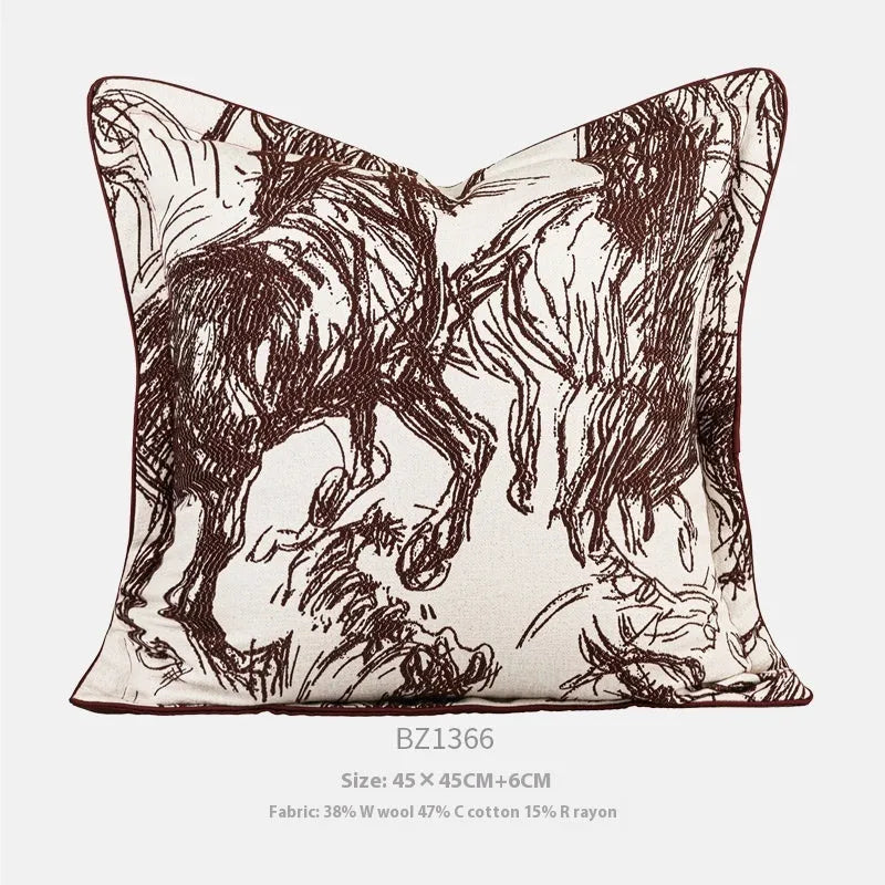 Modern abstract golden horse design on a Jacquard woven square cushion with a feather velvet core.