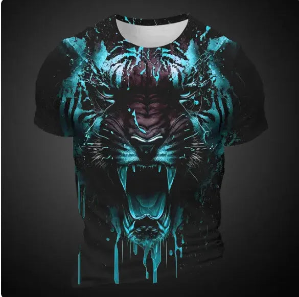 Men's 3D tiger pattern short sleeve t-shirt in polyester bird eye cloth fabric