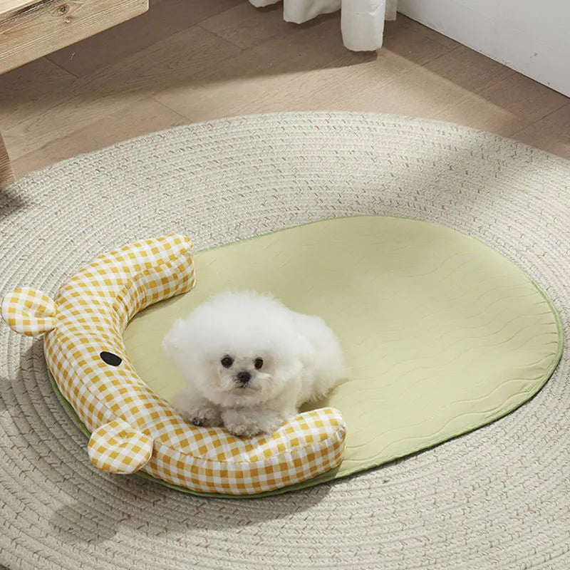 Green and yellow four-season dog cooling mat and pet bed in four sizes for small to extra-large dogs and cats.