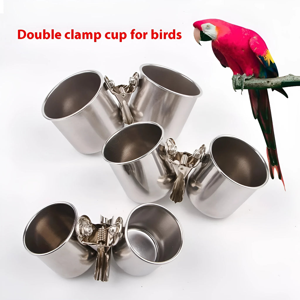 Stainless steel birdcage food container outdoor feeder in natural metal colour.