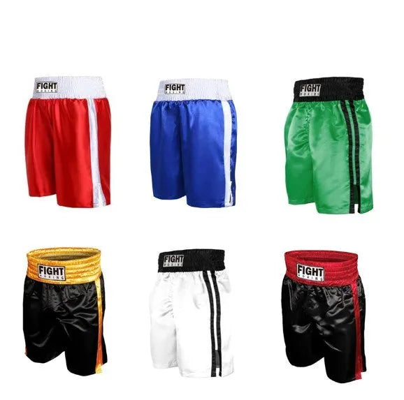 Men's black and red waistband boxing training shorts for martial arts, laid flat.