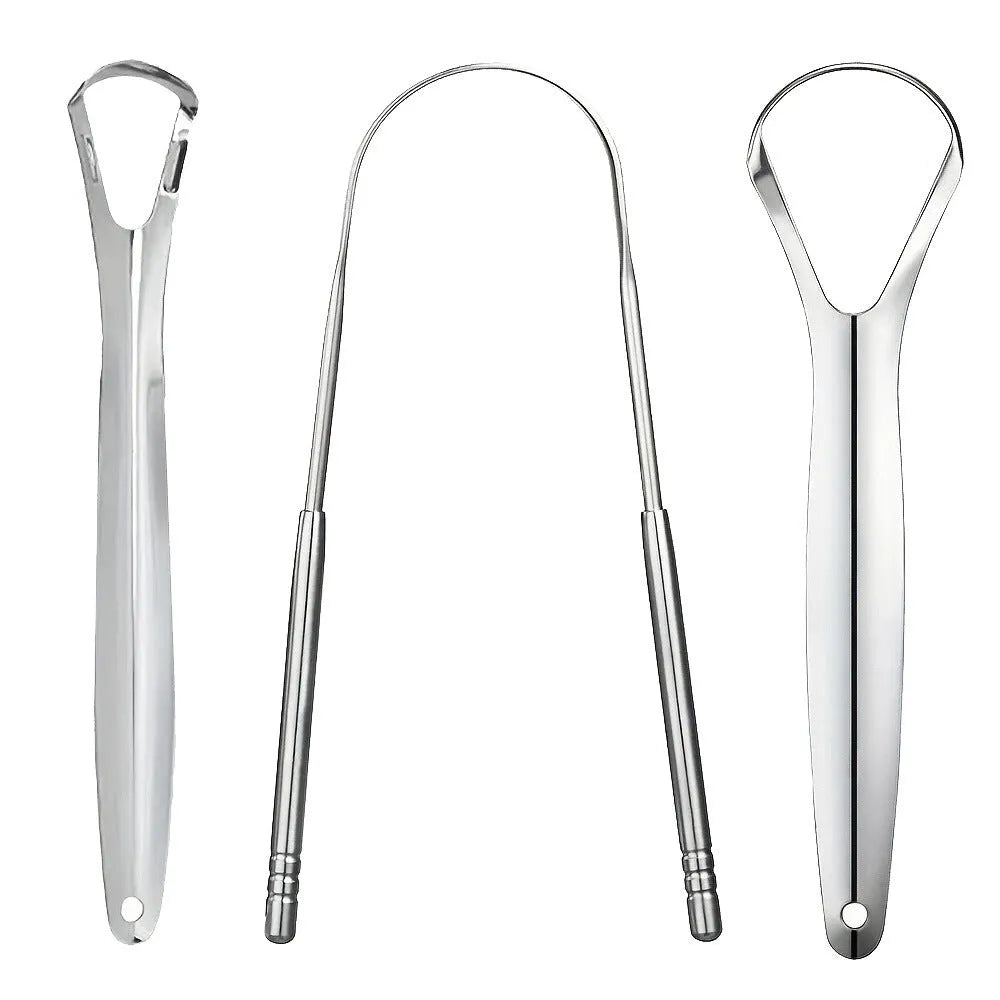 Stainless steel tongue coating cleaner set with U-shaped and spoon type scrapers in pearlescent bag packaging
