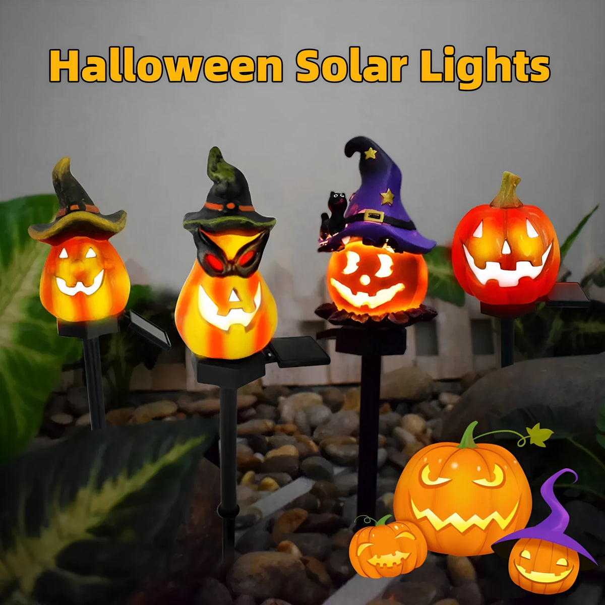 Solar Halloween pumpkin lantern ground stake light with resin pumpkin head and wrought iron stake for outdoor garden decoration