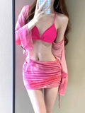 Women's blue high-waist four-piece bikini set with shirt, bra, underwear, and skirt on a mannequin